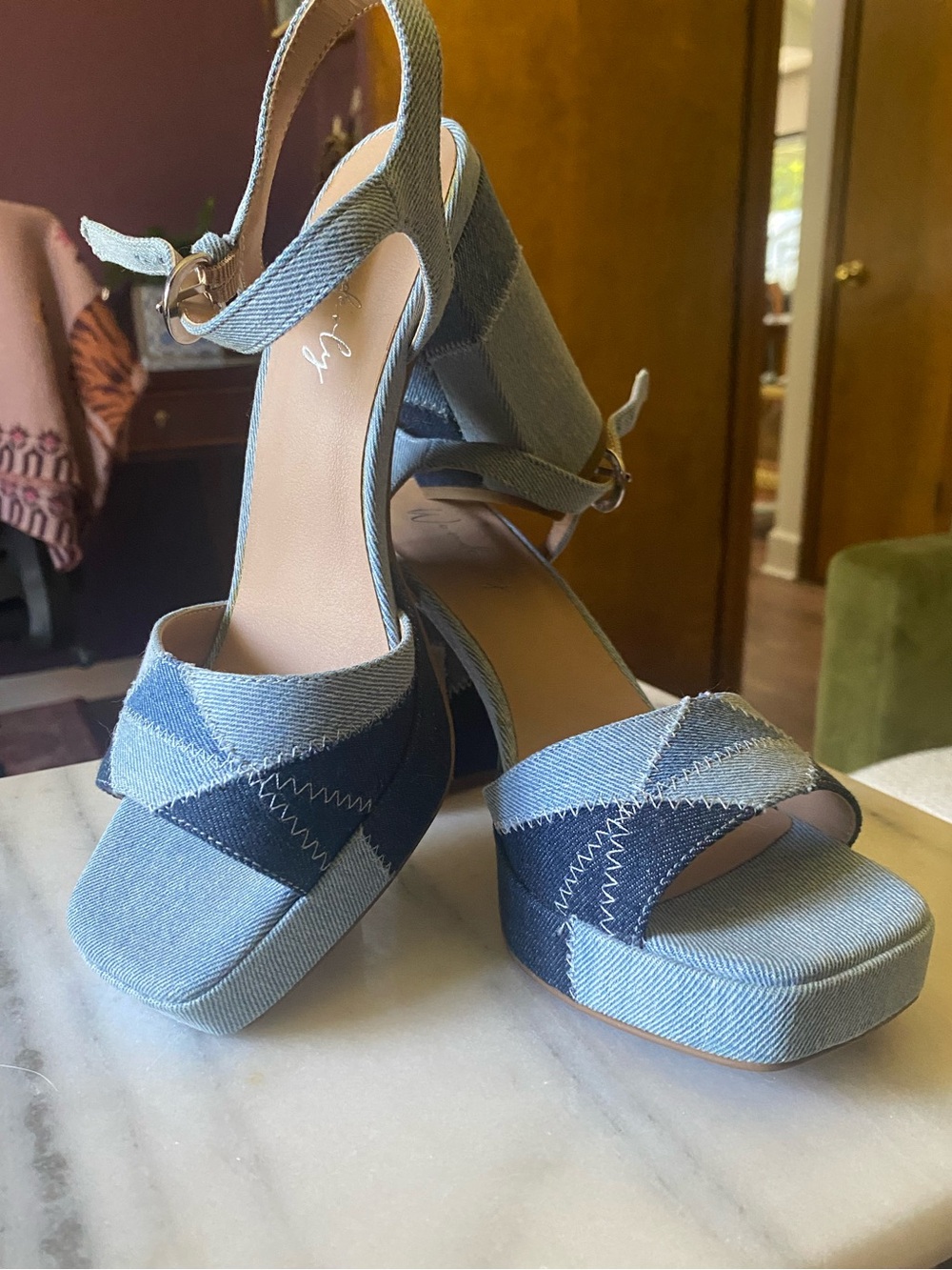 Wonderly Patchwork Denim Platform Sandals - Light & Dark Blue